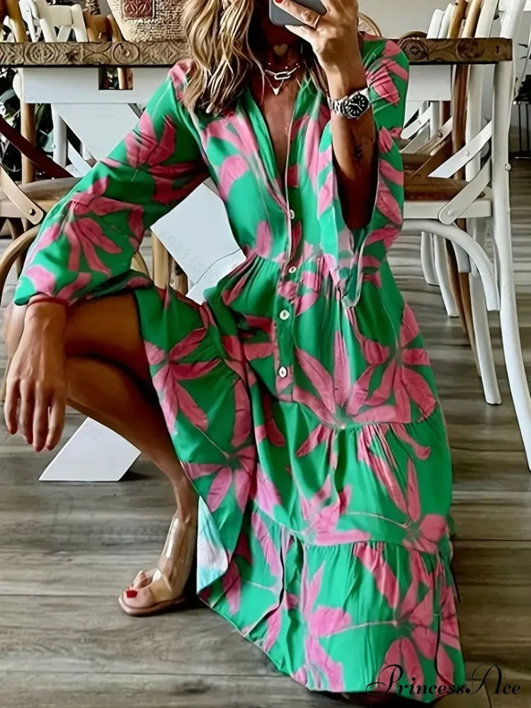 with Arm Long Gown Leaves Full-Length Tiered Print