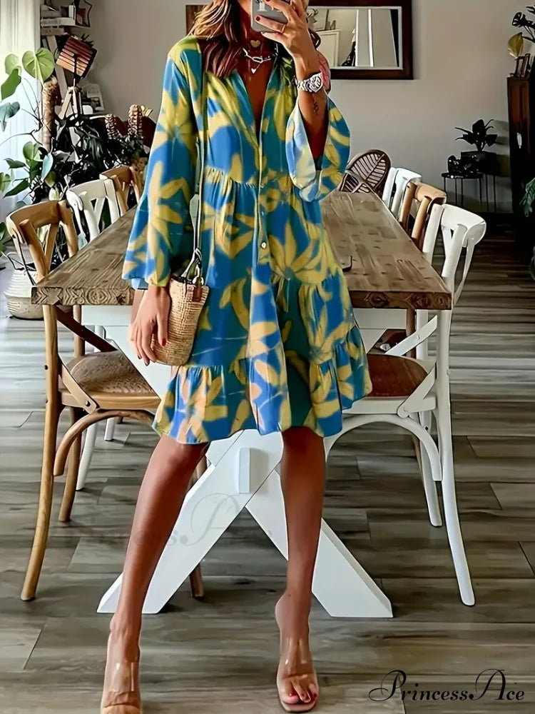 with Arm Long Gown Leaves Full-Length Tiered Print