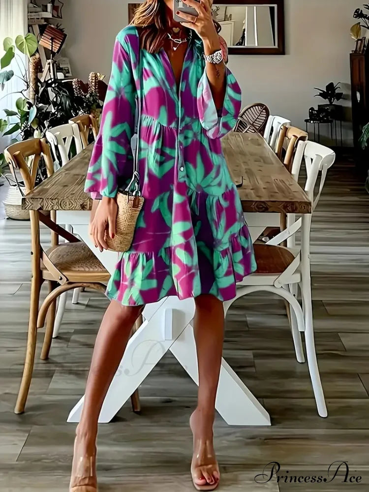 with Arm Long Gown Leaves Full-Length Tiered Print