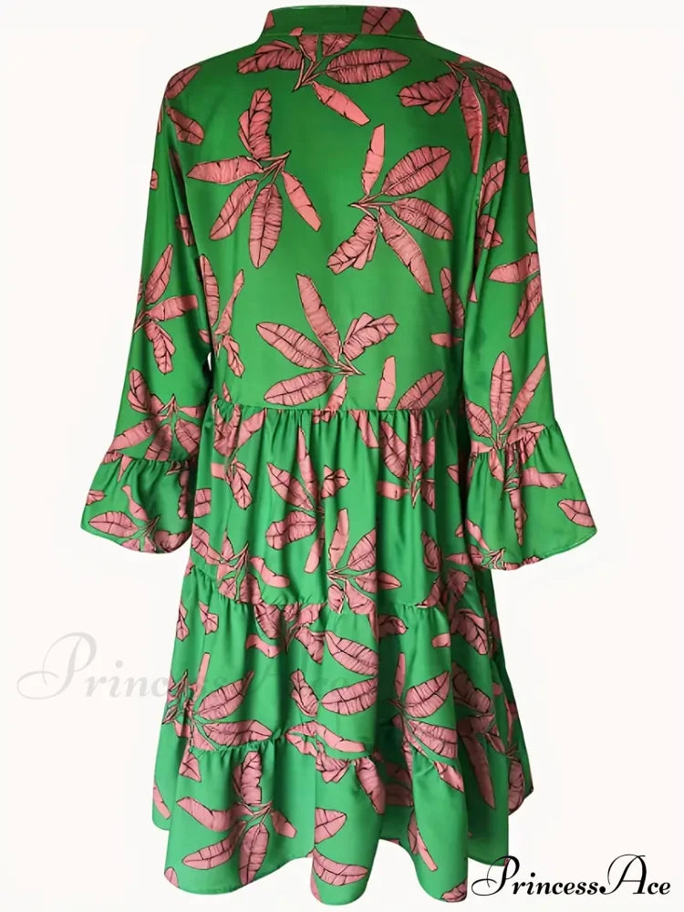 with Arm Long Gown Leaves Full-Length Tiered Print