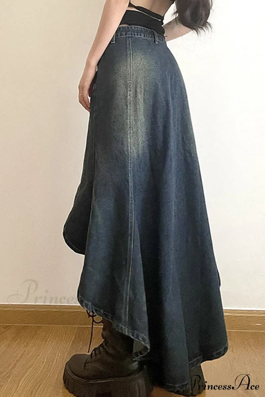 Distressed High Rise Denim Skirt