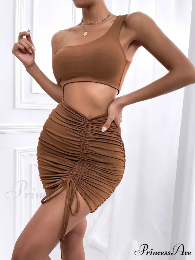 Women One Shoulder Mini Backless Hollow Out Pleated Cut Out Dress