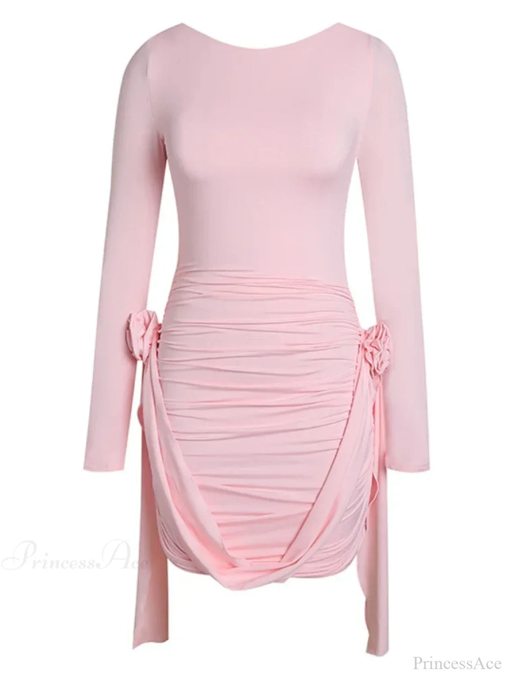 Women Pink 3D Floral Draped Mini Bodycon Dress Long Sleeves Party Dress