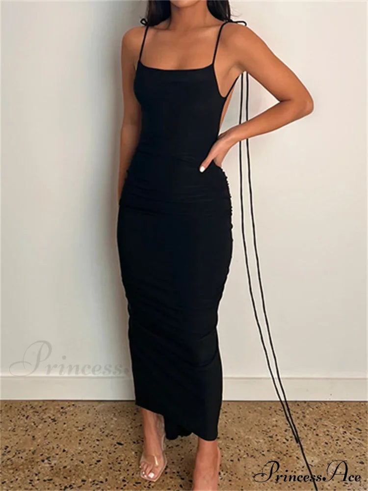 Women Sexy Backless Ruched Adjustable Lace-up Strap Slim Elegant Solid Party Female Vestido Clubwear