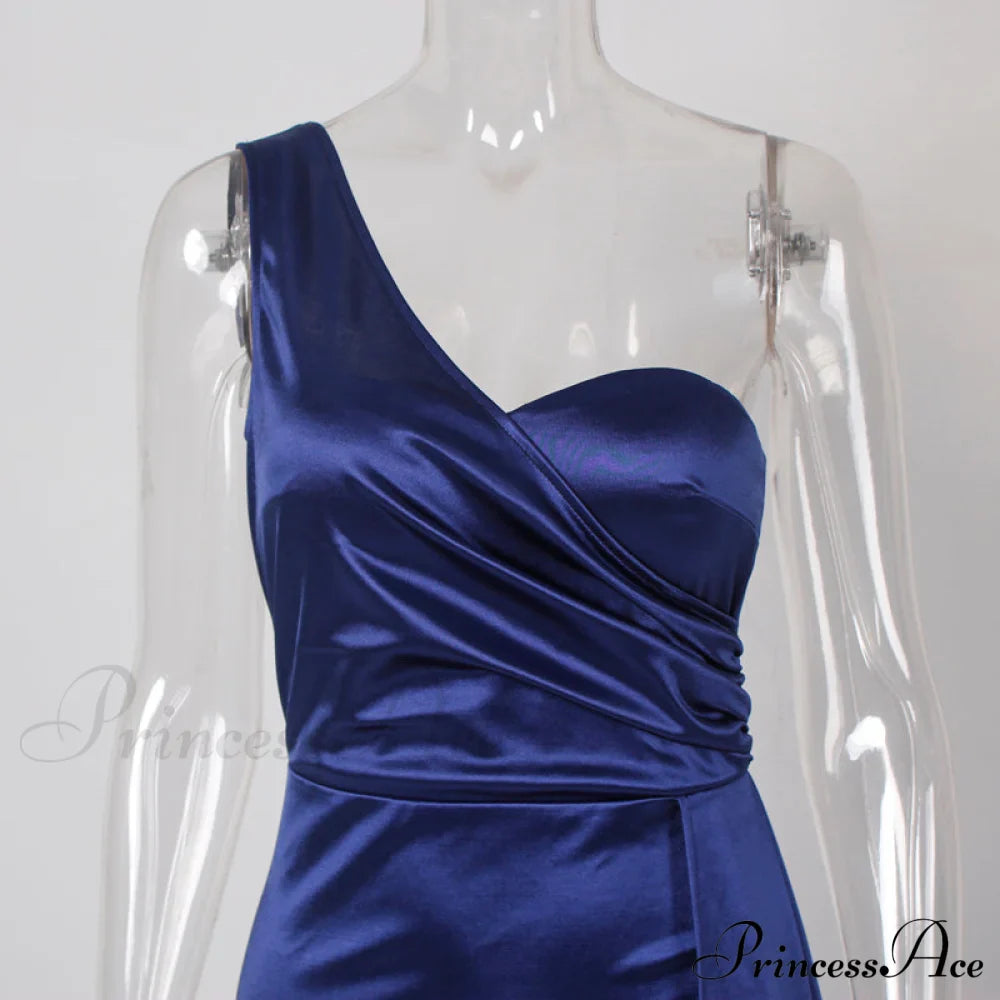 Women's Blue Evening Green Gown Full-Length Party Royal with Sexy Gown Satin Long Ribbon Draped Dress