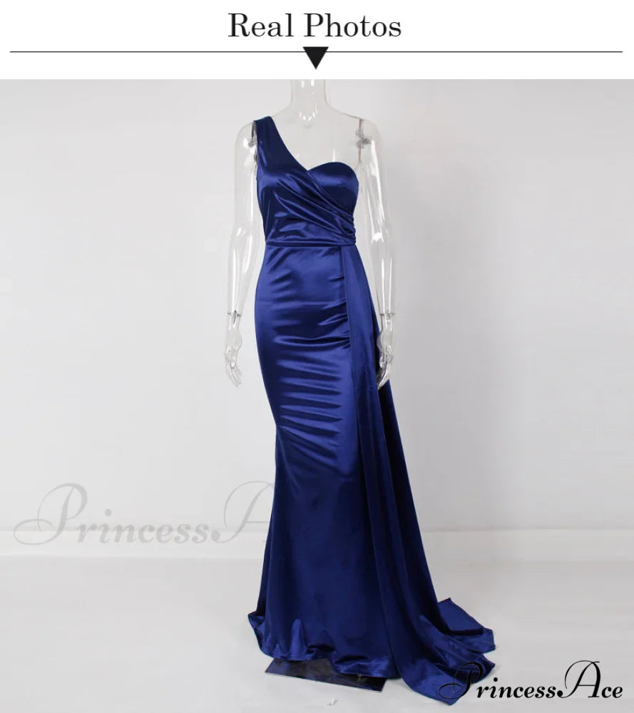 Women's Blue Evening Green Gown Full-Length Party Royal with Sexy Gown Satin Long Ribbon Draped Dress