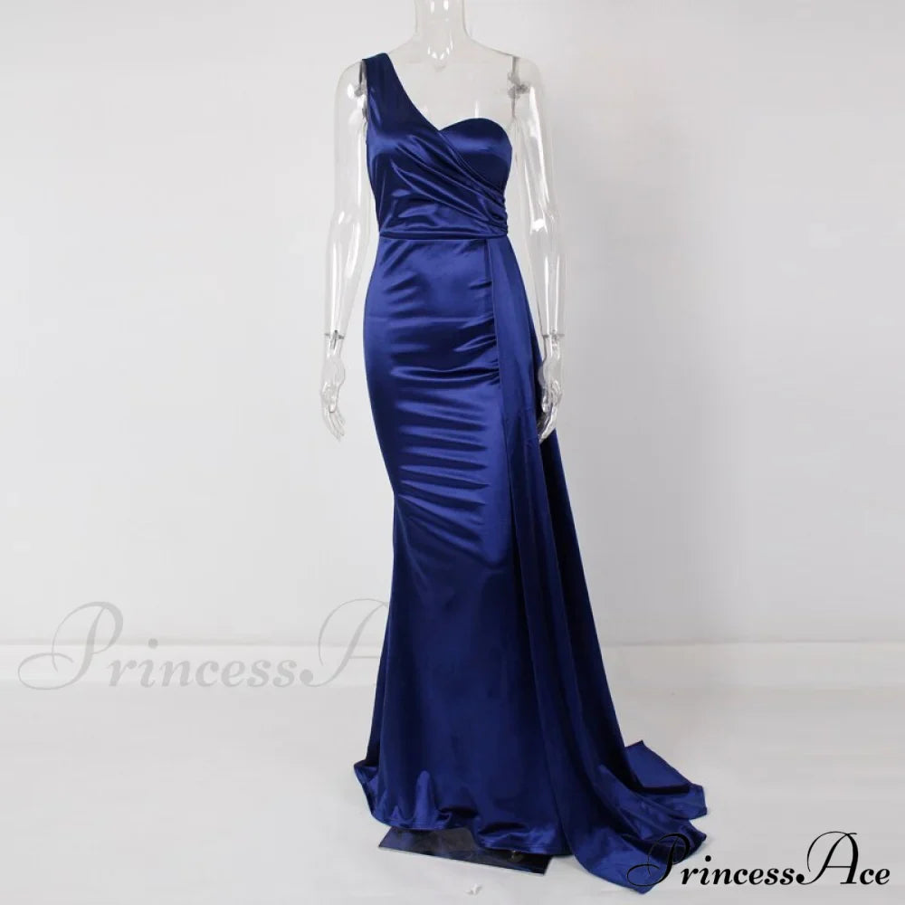 Women's Blue Evening Green Gown Full-Length Party Royal with Sexy Gown Satin Long Ribbon Draped Dress