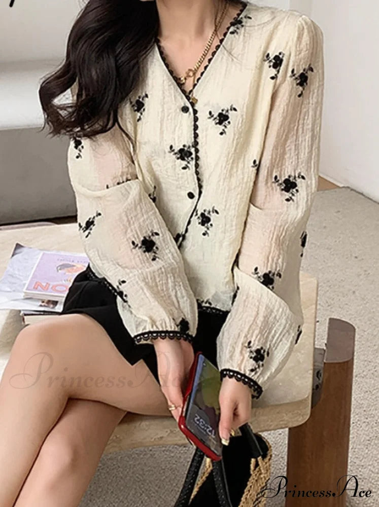 Women's Button Blouse Up V Spring Neck Long Arm Patterned Casual Top