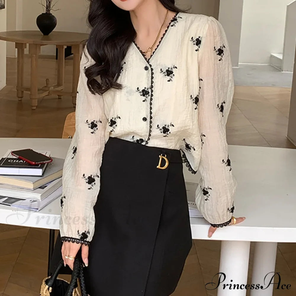 Women's Button Blouse Up V Spring Neck Long Arm Patterned Casual Top