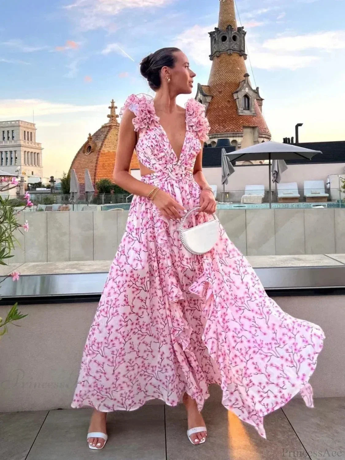 Women's Holiday Party Dresses Sexy V Neck Backless Floral Ruffle Party Dress