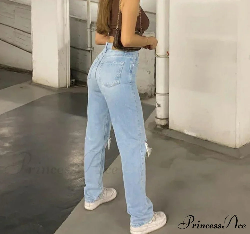 Womens Jeans Blue Cotton Trousers Baggy Wide High Leg Ripped Denim Wash Warm-Season Casual Waist Pants
