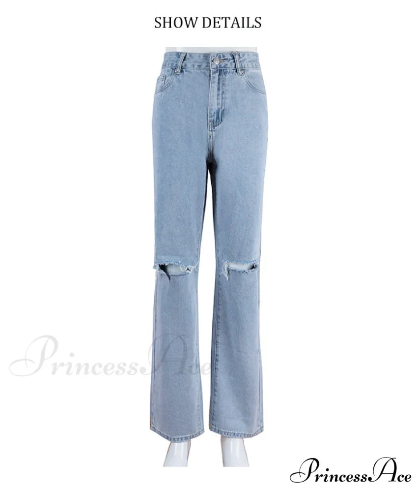 Womens Jeans Blue Cotton Trousers Baggy Wide High Leg Ripped Denim Wash Warm-Season Casual Waist Pants