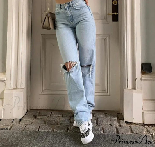 Womens Jeans Blue Cotton Trousers Baggy Wide High Leg Ripped Denim Wash Warm-Season Casual Waist Pants