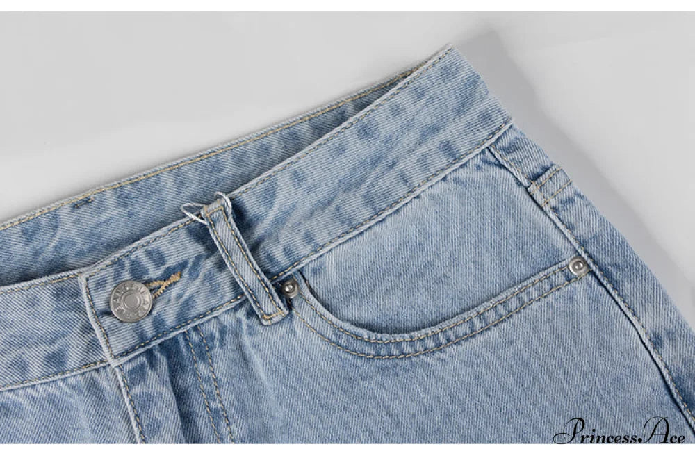 Womens Jeans Blue Cotton Trousers Baggy Wide High Leg Ripped Denim Wash Warm-Season Casual Waist Pants