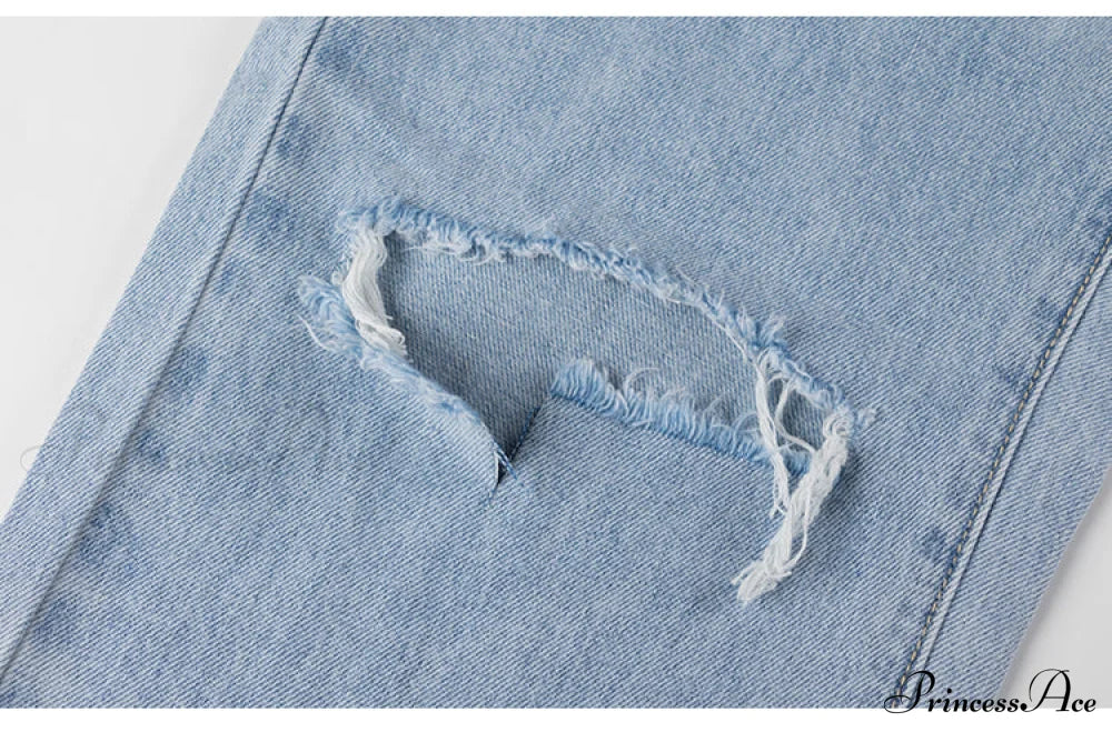 Womens Jeans Blue Cotton Trousers Baggy Wide High Leg Ripped Denim Wash Warm-Season Casual Waist Pants
