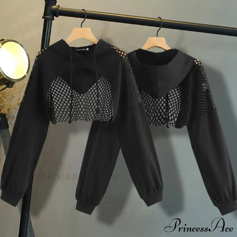 Women's Mesh with Out Hoodie Black Crop Top Hollow Patchwork