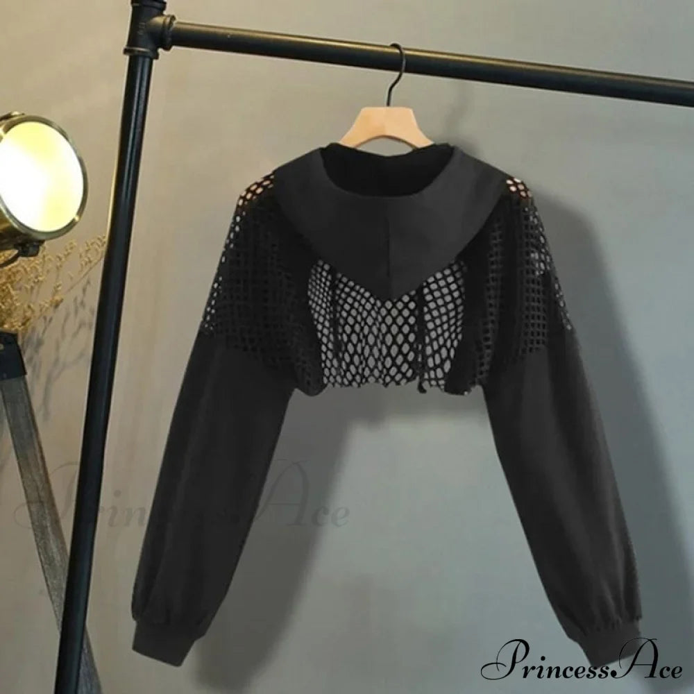 Women's Mesh with Out Hoodie Black Crop Top Hollow Patchwork