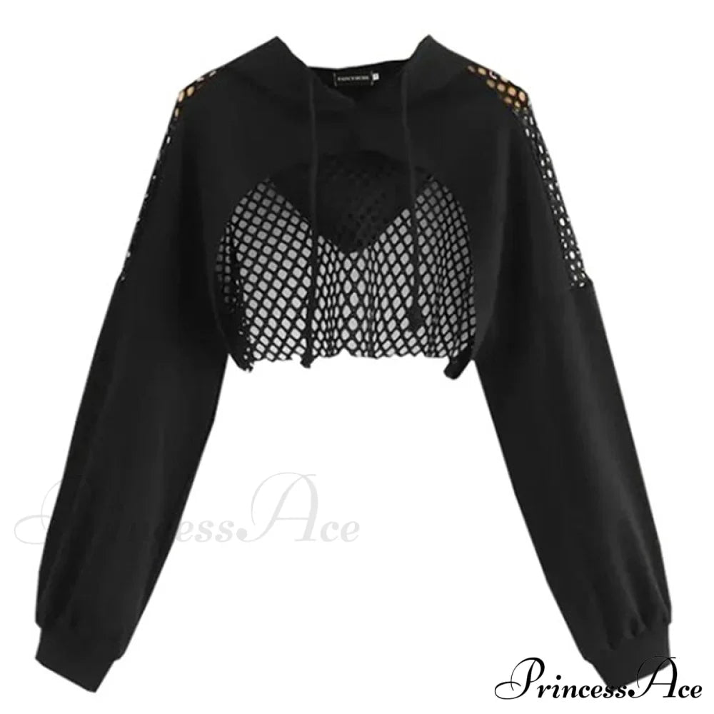 Women's Mesh with Out Hoodie Black Crop Top Hollow Patchwork