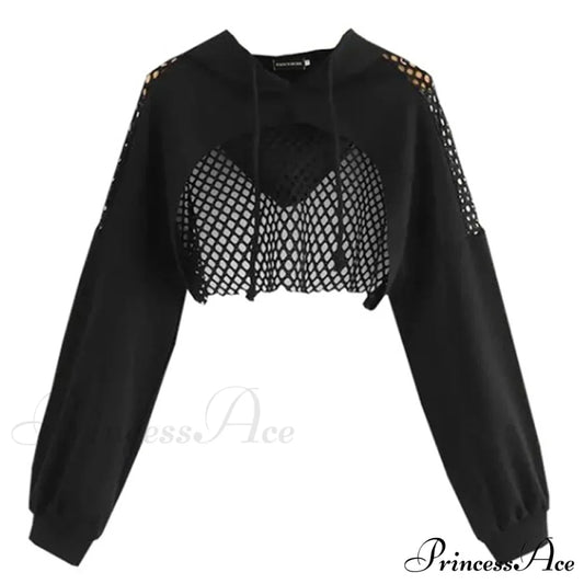 Women's Mesh with Out Hoodie Black Crop Top Hollow Patchwork