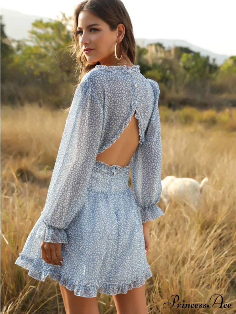 Women's Ruffles Chiffon Boho V-neck Mini Beach Dress with Long Lantern Sleeves