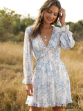 Women's Ruffles Chiffon Boho V-neck Mini Beach Dress with Long Lantern Sleeves