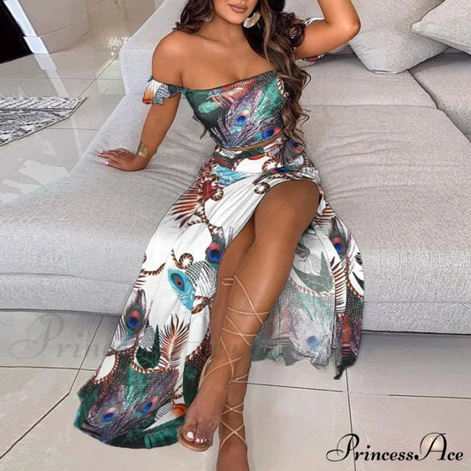 Women's Slash and - Long Warm-Season Top Slit Piece Spring with Shoulder Neck Set Two Off Flowered Party Gown Design Skirts