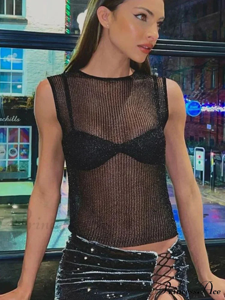 Women's Sleeveless Slim Fit See-Through Vest Corect Sequin Scoop Neck Glitter Outfits Tank top