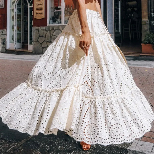 Women's Summer Cotton Full Lace Midi Skirt A-line Boho Vacation