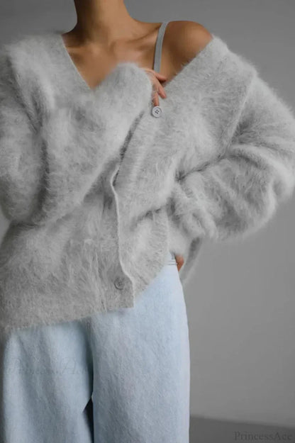 Wool Loose V-neck Long Sleeve Cardigan