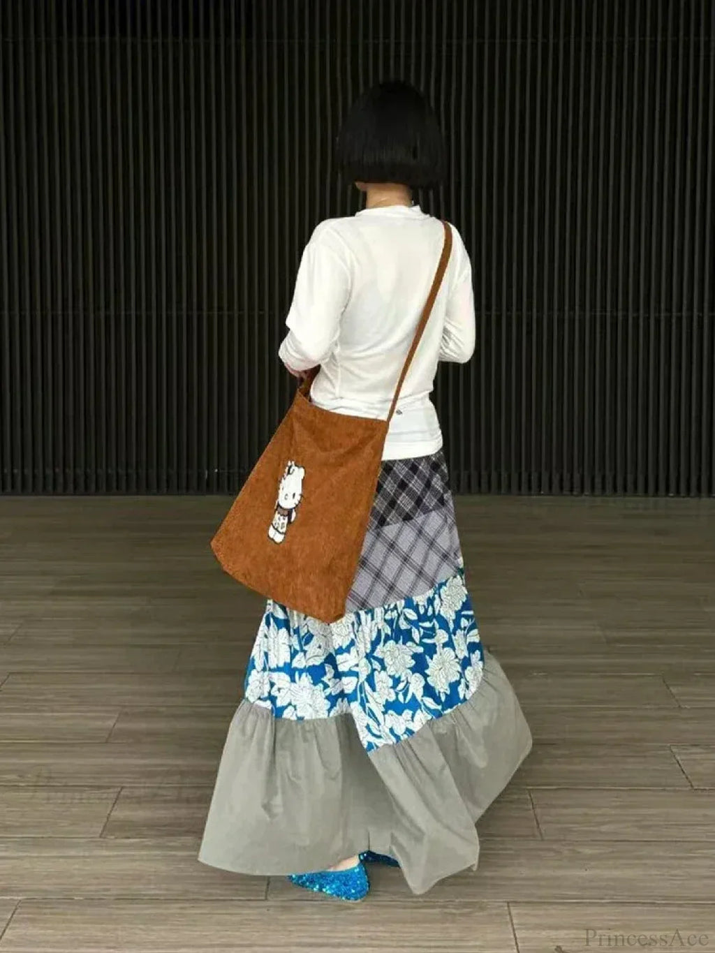 Y2K Blue Flower Patch Full Skirt Personalized Large Pocket Skirt