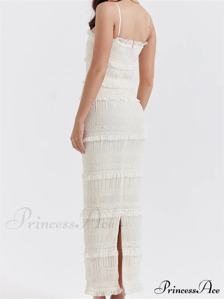 Y2K Ruched Sleeveless Strap Sling for Women Ruffles Square Neck Low Cut Back Split Female Vestidos